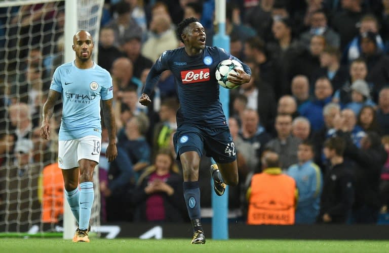 Napoli's midfielder Amadou Diawara celebrates scoring from the penalty spot against Manchester City on October 17, 2017