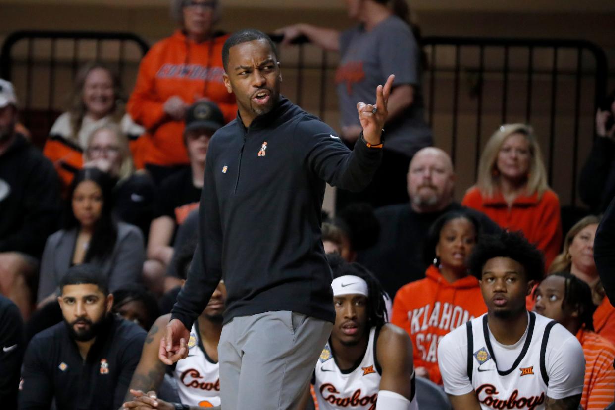 Oklahoma State Cowboys head coach Mike Boynton gestures to an official during a college basketball game between the Oklahoma State Cowboys (OSU) and the Eastern Washington Eagles in the second round of the NIT at Gallagher-Iba Arena in Stillwater, Okla., Sunday, March 19, 2023. Oklahoma State won 71-60. 