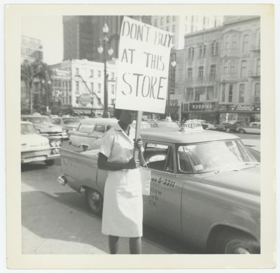 Individuals with the New Orleans Chapter of the Congress of Racial Equality (CORE) demonstrate on Canal Street near Woolworth’s and McCrory’s in New Orleans in this photograph taken in April 1961. The house that belonged to the family of civil rights activist Oretha Castle Haley has been added to the National Register of Historic Places. (Courtesy Connie Harse Papers/Amistad Research Center, New Orleans via AP)