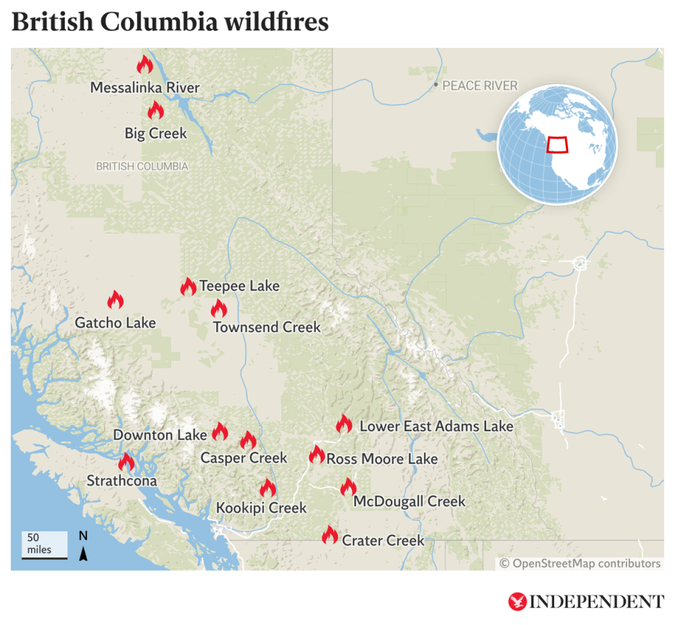 A map of the wildfires currently raging in British Columbia, Canada (The Independent/Datawrapper)