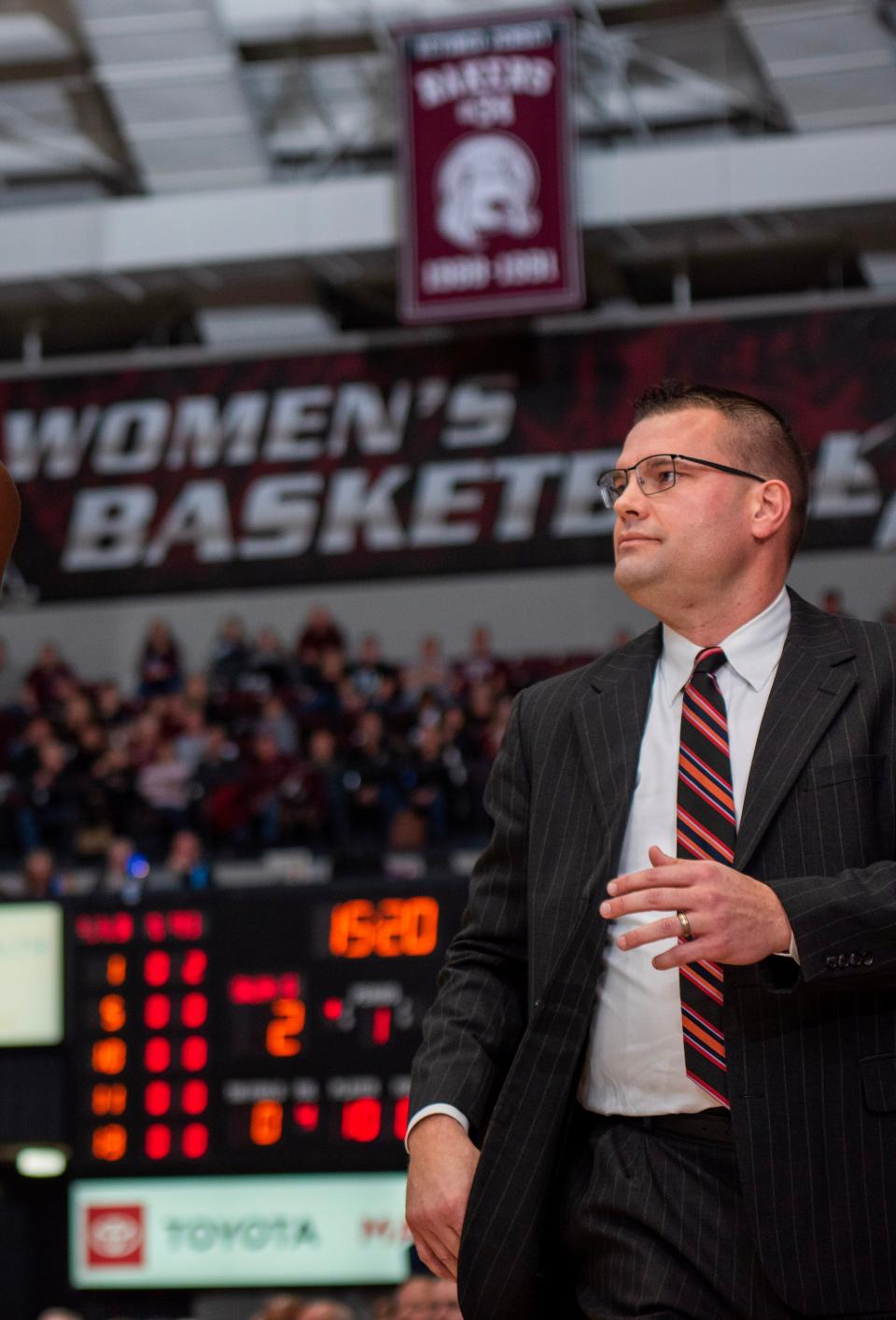 Bradley coach Brian Wardle looks on during the Braves 50-48 victory over Southern Illinois at Banterra Center in Carbondale in an MVC game on Sunday, Feb. 19, 2023.