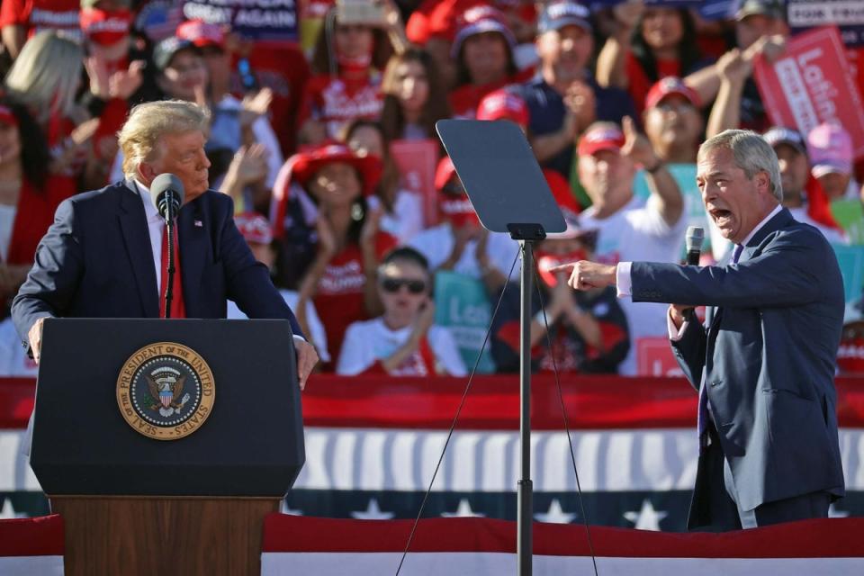 Nigel Farage introducing Donald Trump at a 2020 stump speech (Getty)