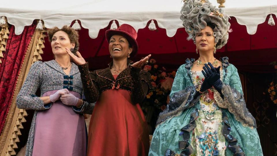 BRIDGERTON Season 3 fashions Ruth Gemmell as Lady Violet Bridgerton - Adjoa Andoh as Lady Agatha Danbury - Golda Rosheuvel as Queen Charlotte.jpg