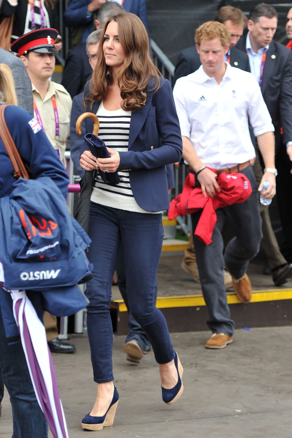 <p><em>July 31, 2012 —</em> At another London 2012 Olympics event, Kate wore the same outfit with a Breton striped shirt this time around.</p>