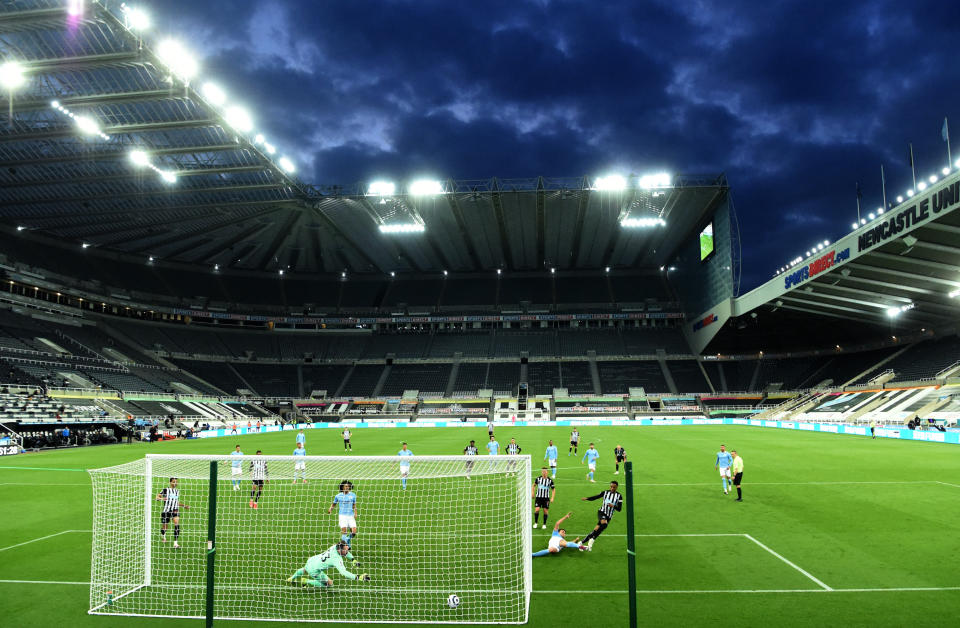 <p>Newcastle United's Joe Willock scores their side's third goal of the game during the Premier League match at St James' Park, Newcastle upon Tyne. Picture date: Friday May 14, 2021.</p>
