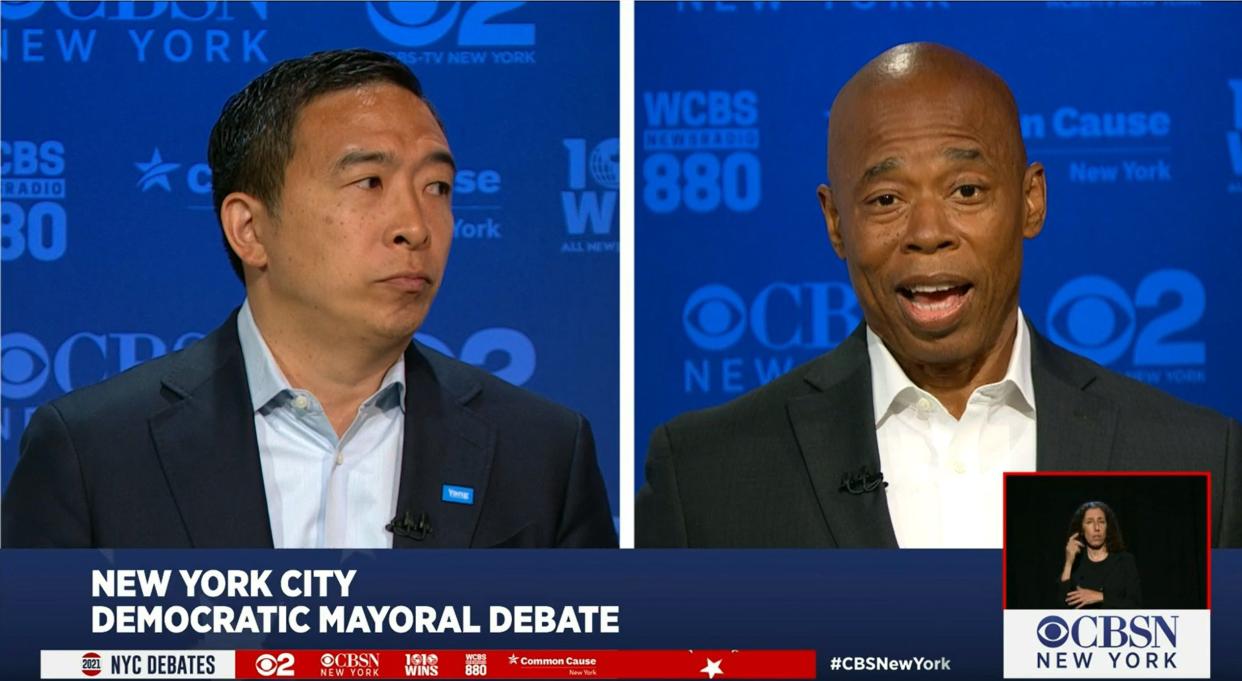 New York City Democratic mayoral candidates Andrew Yang (left) and Brooklyn Borough President Eric Adams (right) 