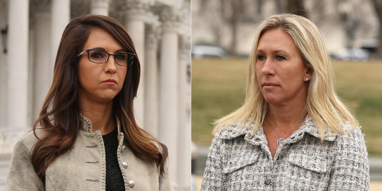 Rep. Lauren Boebert, left, and Rep. Marjorie Taylor Greene. (Getty Images)