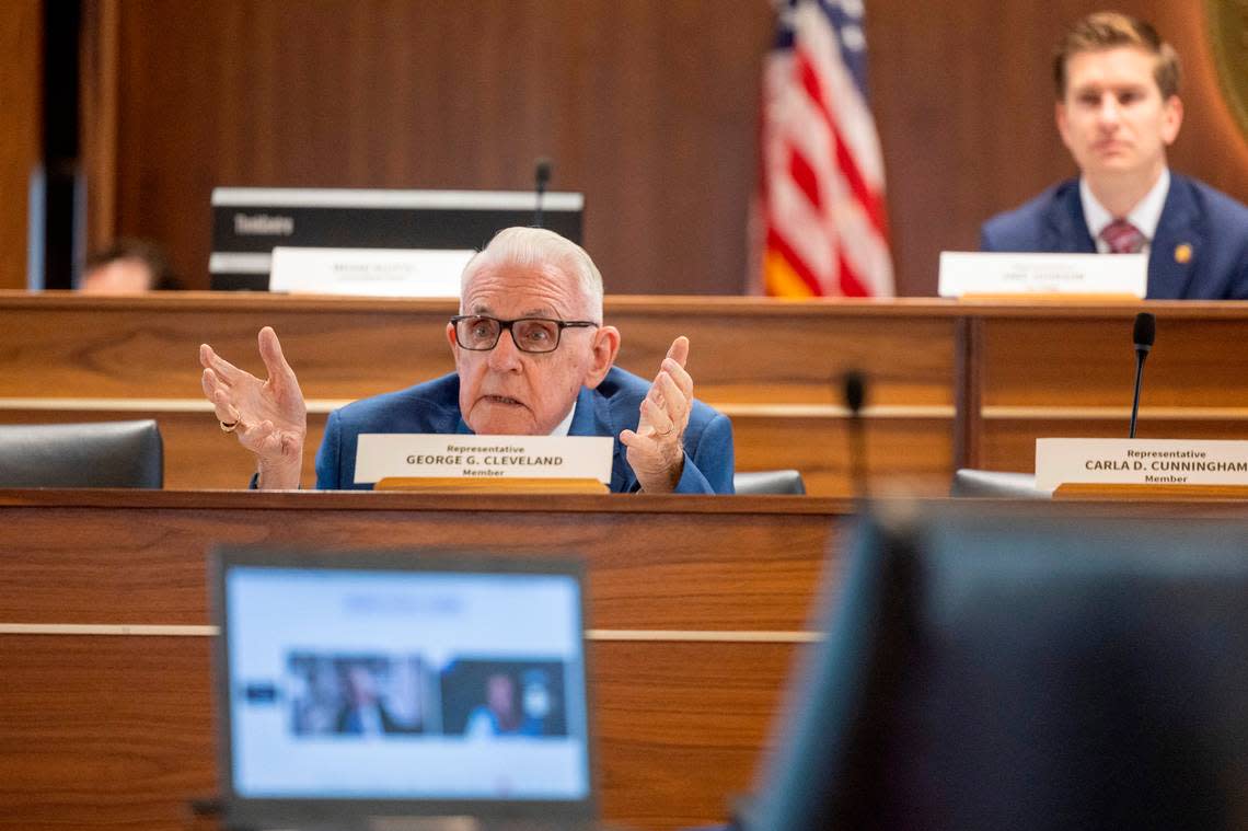 Rep. George Cleveland, an Onslow County Republican, questions Alan Hirsch, the Chair of the North Carolina State Board of Elections, via video call during a House Oversight Committee hearing on Tuesday July, 23, 2024 at the Legislative Building. Republicans called the North Carolina State Board of Elections to an Oversight hearing to question them about Robert F. Kennedy and Cornel West’s ballot access.