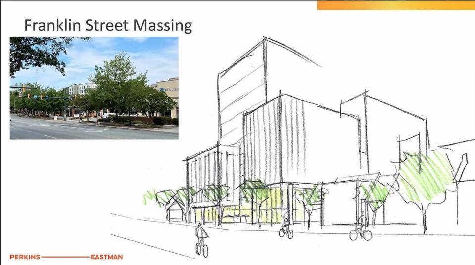 A concept plan for the Chapel Hill Life Sciences Center shows a central building rising to 160 feet, including its mechanical penthouse, at 306 W. Franklin St. A parking deck could be built off West Rosemary Street.