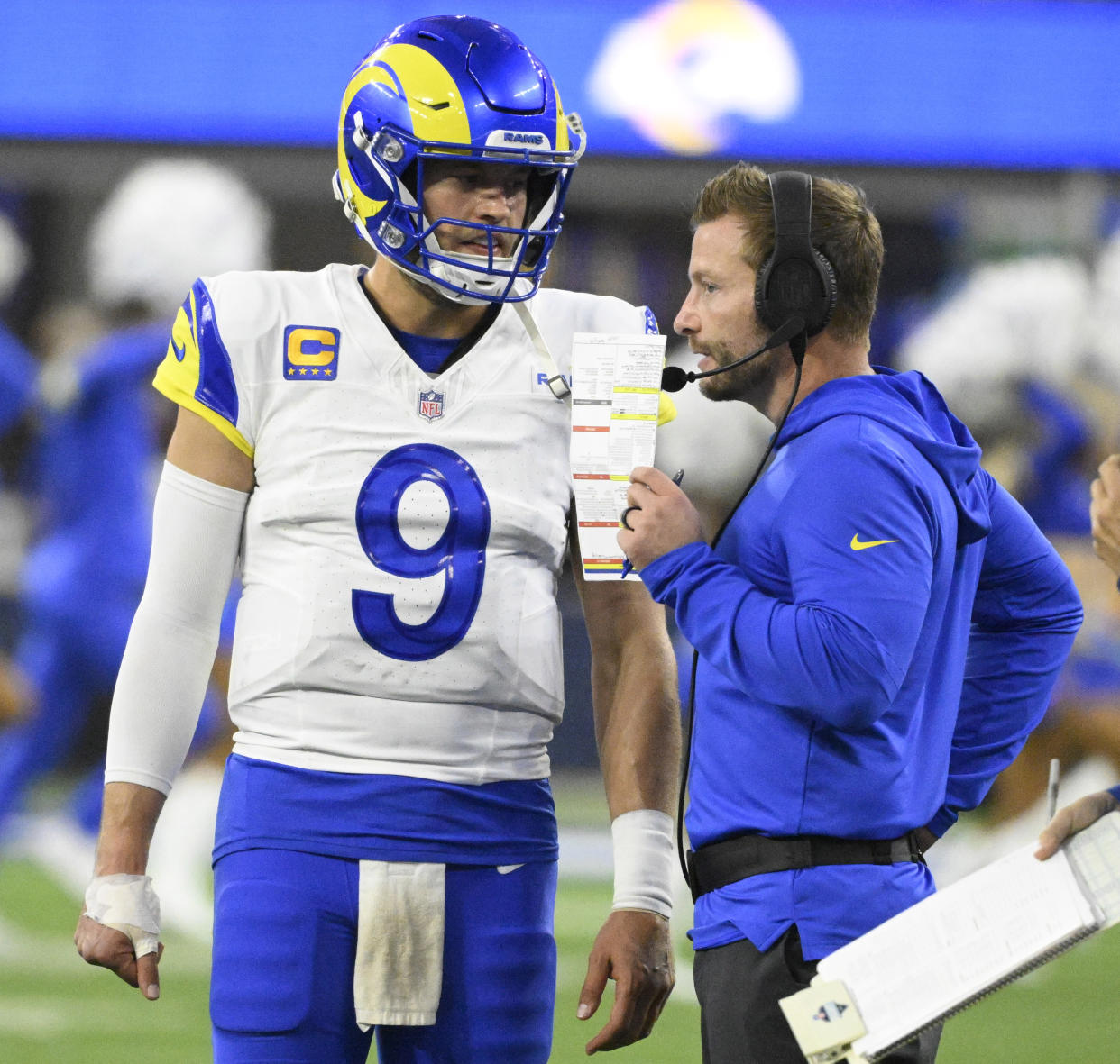 Inglewood, CA - December 03:  Quarterback Matthew Stafford #9 of the Los Angeles Rams talks with head coach Sean McVay # of the Los Angeles Rams in the second half of a NFL football game against the Cleveland Browns at SoFi Stadium in Inglewood on Sunday, December 3, 2023. (Photo by Keith Birmingham/MediaNews Group/Pasadena Star-News via Getty Images)