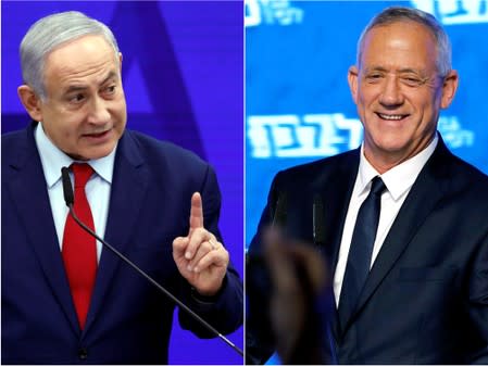 FILE PHOTO: A combination picture shows Israeli Prime Minister Benjamin Netanyahu in Ramat Gan, near Tel Aviv, Israel and Benny Gantz, head of Blue and White party in Tel Aviv, Israel