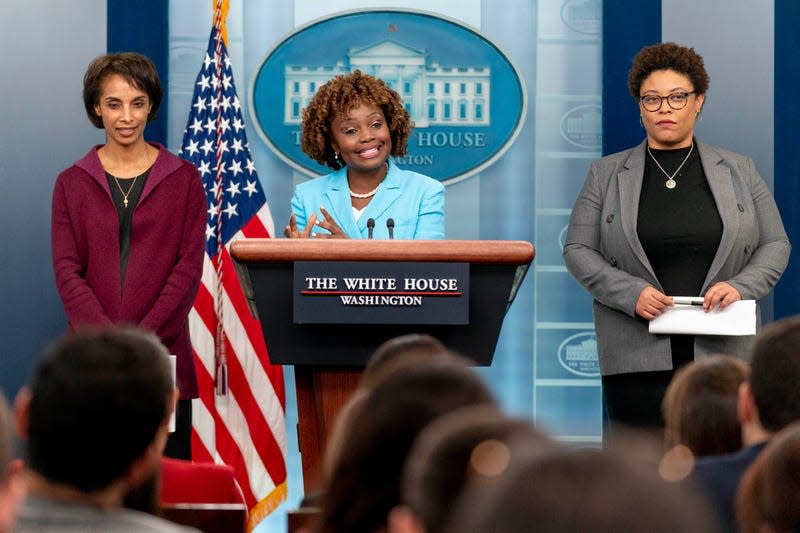 White House press secretary Karine Jean-Pierre, center, accompanied by Office of Management and Budget Director Shalanda Young, right, and Council of Economic Advisers Chair Cecilia Rouse, left, speaks at a press briefing at the White House in Washington, Friday, March 10, 2023