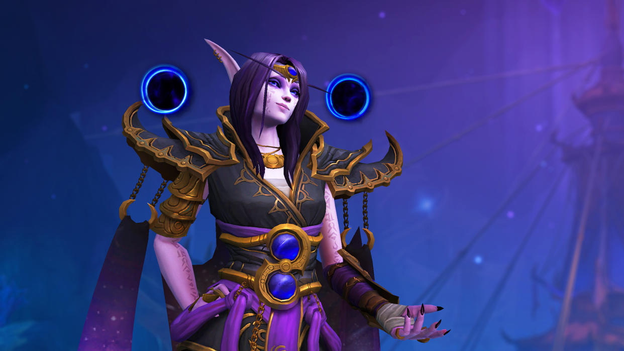 The War Within's Xal'Atath character standing in front of a dark background with a smug expression. 