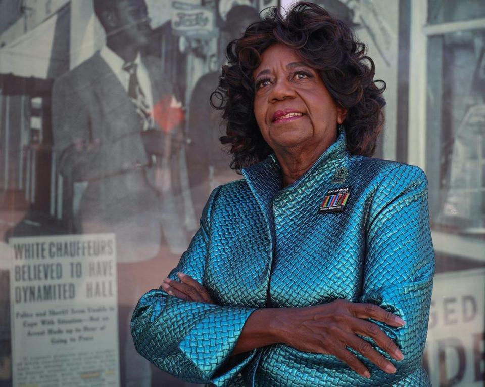 Dorothy Jenkins Fields has devoted her life to preserving the heritage of the African-American community and raising awareness of African-American history to a national level. She is photographed at the entrance of the Lyric Theater where the Miami’s Black Archives is housed.