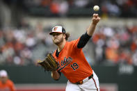 Baltimore Orioles starting pitcher Cole Irvin throws during the first inning of a baseball game against the Oakland Athletics, Saturday, April 27, 2024, in Baltimore. (AP Photo/Nick Wass)