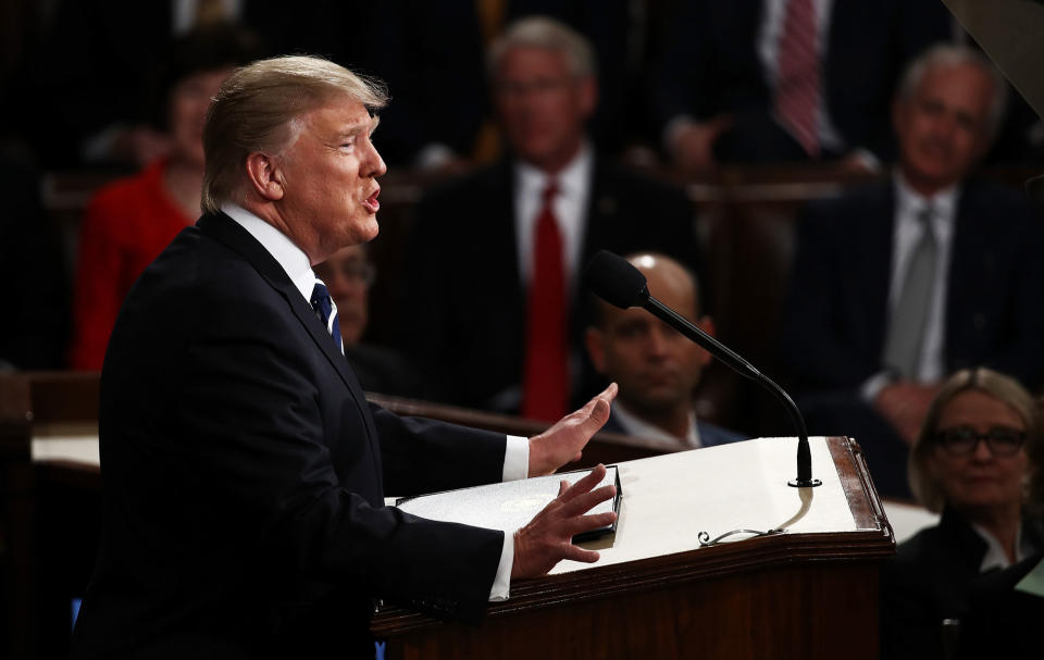 <p>President Donald Trump arrives to addresses a joint session of the U.S. Congress on February 28, 2017 in the House chamber of the U.S. Capitol in Washington, DC. Trump’s first address to Congress is expected to focus on national security, tax and regulatory reform, the economy, and healthcare. (Win McNamee/Getty Images) </p>