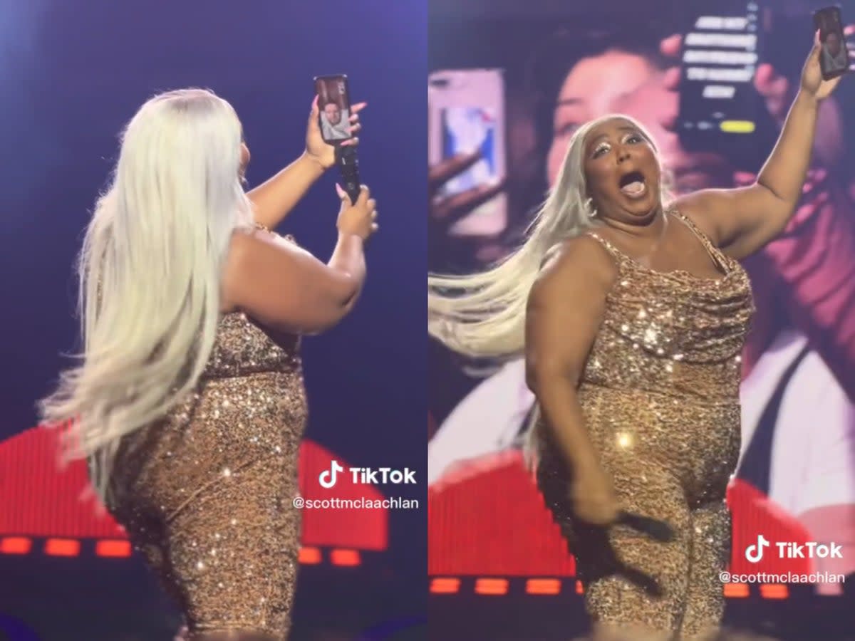 Lizzo helps a fan propose to his boyfriend while performing onstage in Glasgow on Wednesday 8 March 2023 (TikTok/Scott McLaachlan)