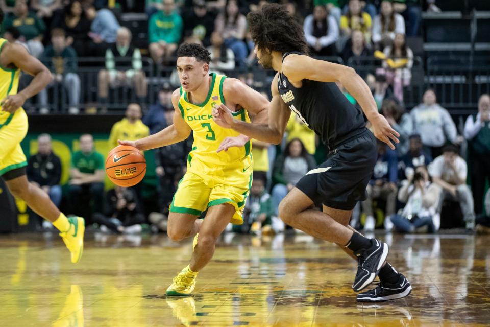 Oregon guard Jackson Shelstad drives the ball up the court as the Oregon Ducks host the Colorado Buffaloes Thursday, March 7, 2024 at Matthew Knight Arena in Eugene, Ore.