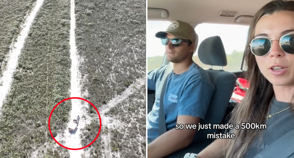 4WD couple pictured in the car (right) and from above on the remote WA road (left) 