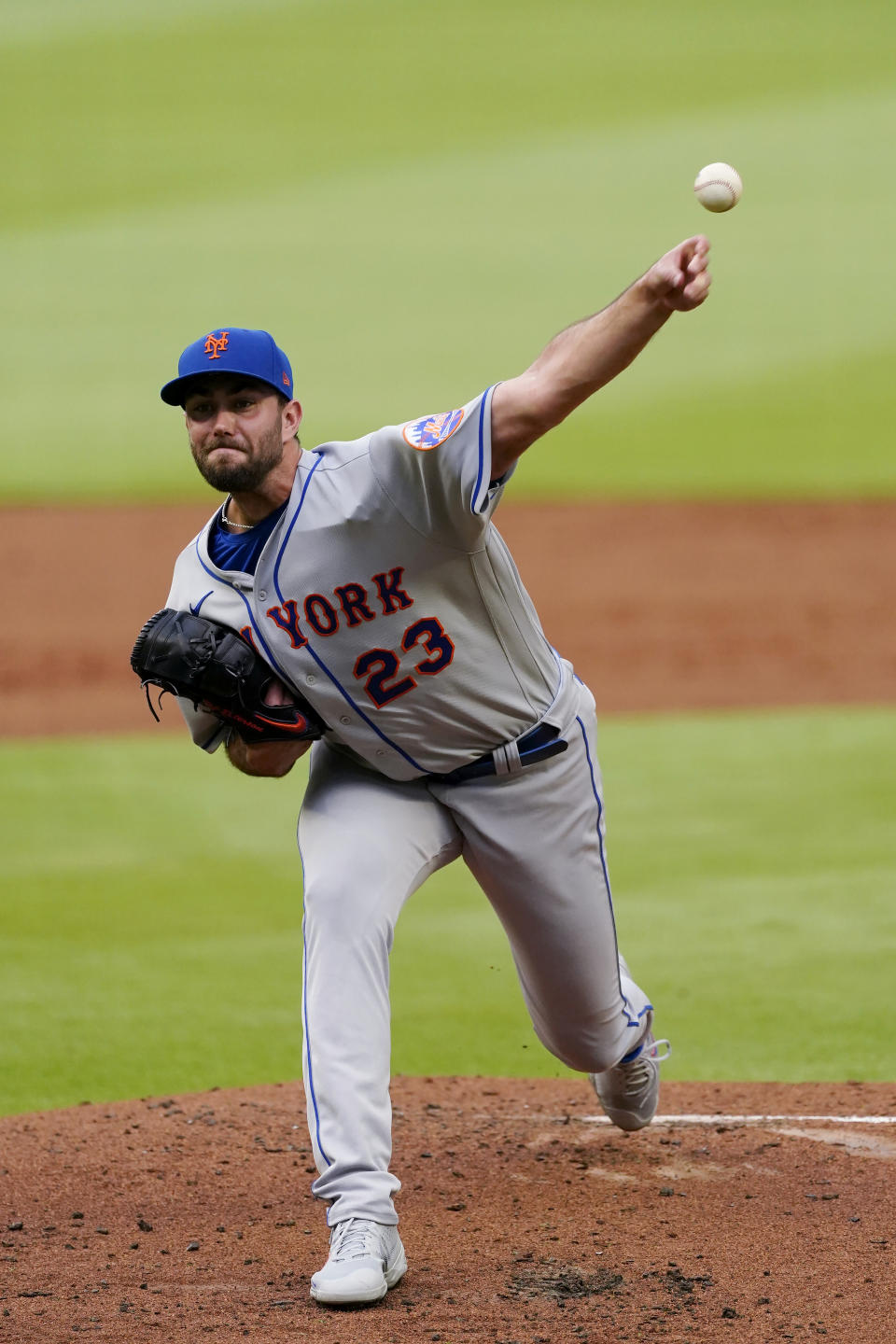New York Mets starting pitcher David Peterson delivers in the first inning of the team's baseball game against the Atlanta Braves on Wednesday, June 30, 2021, in Atlanta. (AP Photo/John Bazemore)