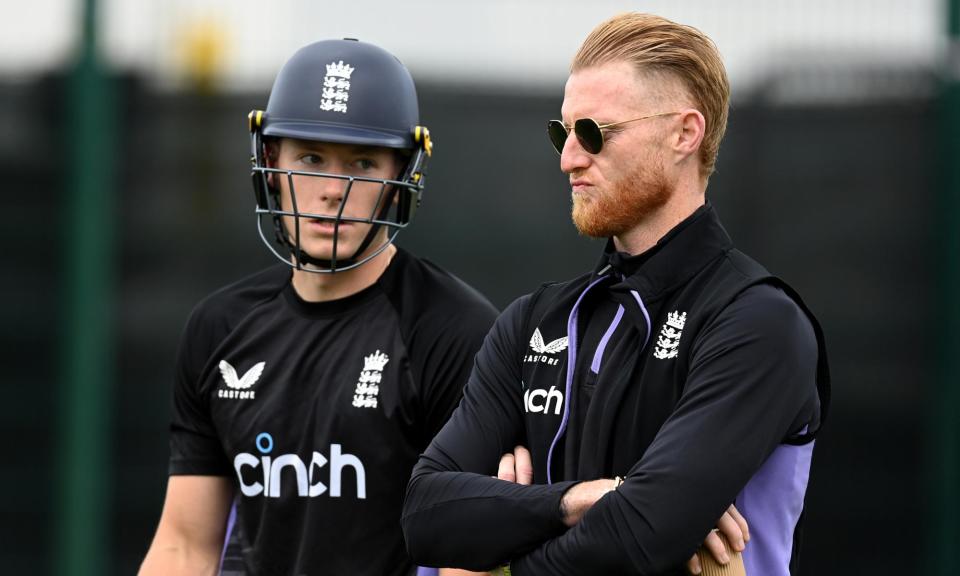 <span>The injured Ben Stokes (right) stands next to Matthew Potts during a nets session at Old Trafford.</span><span>Photograph: Gareth Copley/Getty Images</span>