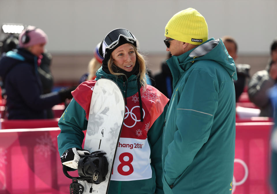 Australia’s Jess Rich talks with her coach during the Snowboard Ladies’ Big Air Qualification on day 10 of the PyeongChang 2018 Winter Olympic Games at Alpensia Ski Jumping Centre on February 19, 2018 in Pyeongchang-gun, South Korea. (Getty Images)