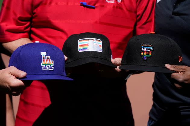 A sampling of MLB Pride hats seen before a baseball game between the San Francisco Giants and the Los Angeles Dodgers in San Francisco on June 11, 2022.