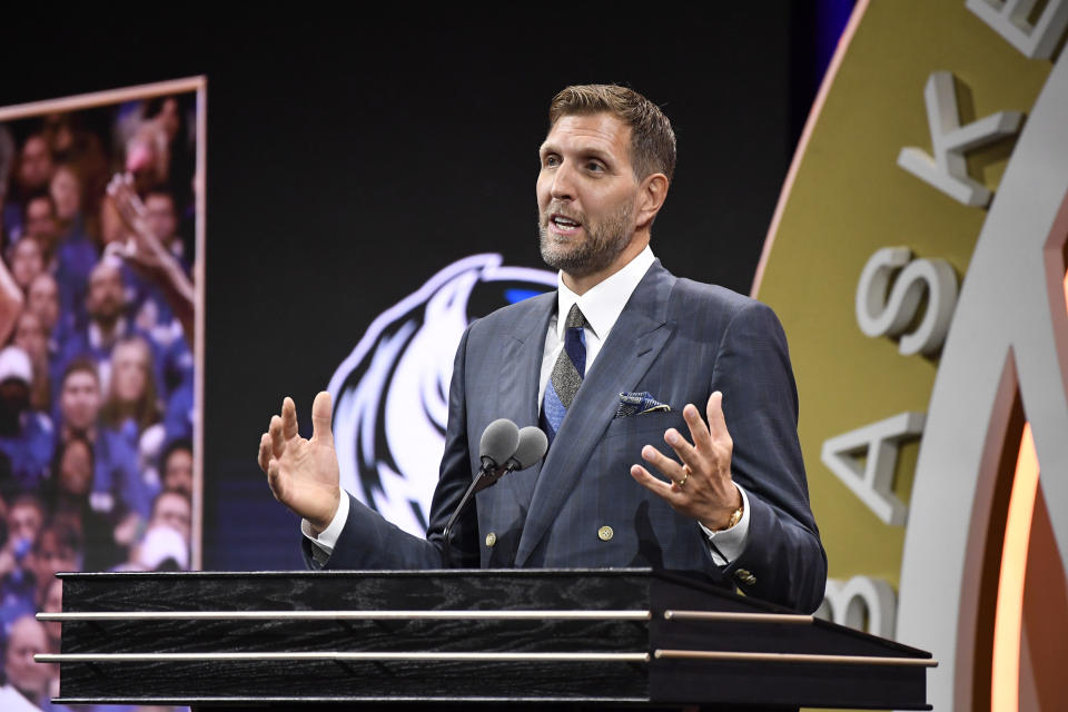 Dirk Nowitzki speaks during his enshrinement at the Basketball Hall of Fame, Saturday, Aug. 12, 2023, in Springfield, Mass. (AP Photo/Jessica Hill)