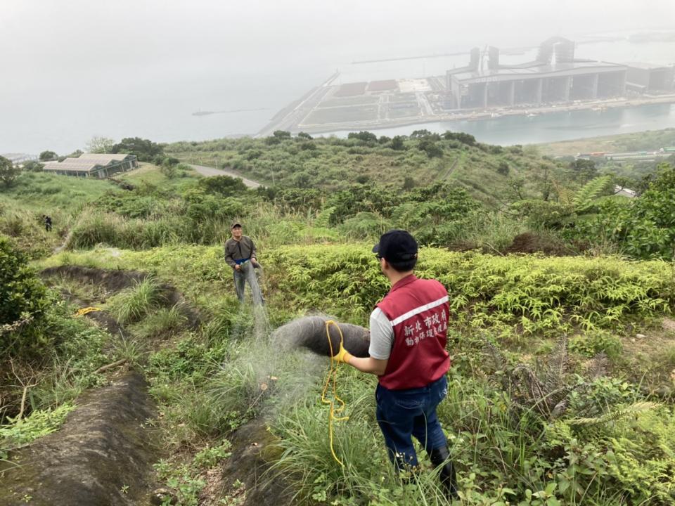 八里掩埋場發現的巨大鳥網，為防止野生動物遭受傷害，動保處人員立即拆除。   圖：新北市動保處提供