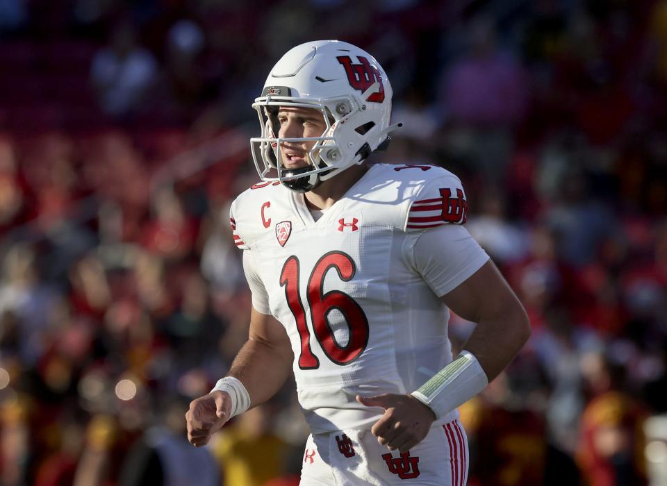 Utah Utes quarterback Bryson Barnes (16) runs off field during the game against the USC Trojans at the Los Angeles Memorial Coliseum on Saturday, Oct. 21, 2023. | Laura Seitz, Deseret News