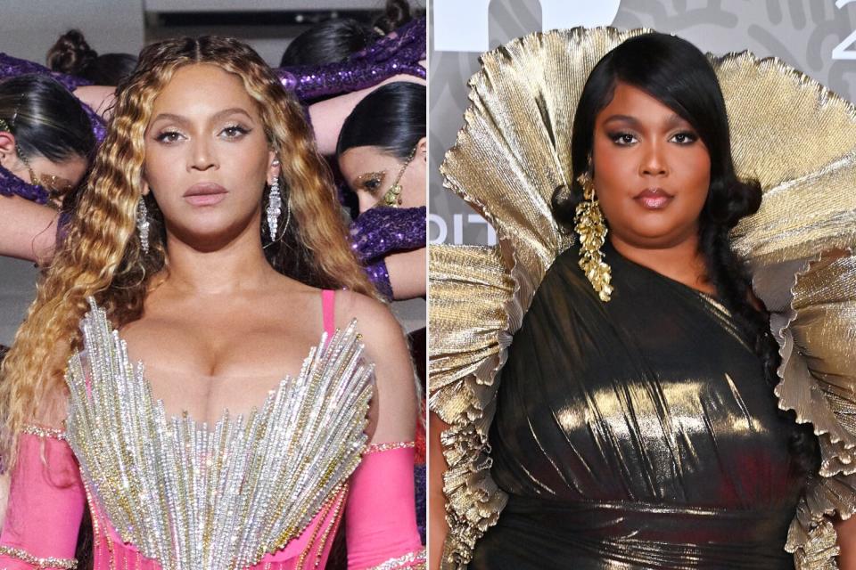 Beyoncé performs on stage headlining the Grand Reveal of Dubai's newest luxury hotel, Atlantis The Royal ; Lizzo arrives at The BRIT Awards 2023