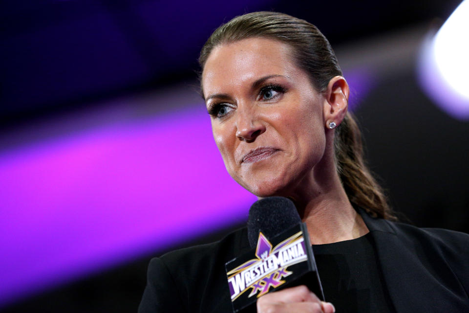 Stephanie McMahon speaks during a news conference before Wrestlemania XXX at the Mercedes-Benz Super Dome in New Orleans on Sunday, April 6, 2014. (Jonathan Bachman/AP Images for WWE)