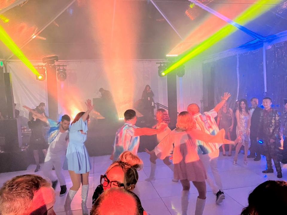 Dancers perform a "Barbie"-themed number at the Palm Springs International Film Awards After Party at the Parker in Palm Springs, Calif. on Thursday, Jan. 4, 2024.