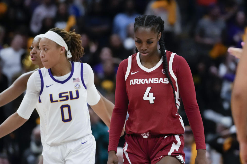 Arkansas forward Erynn Barnum (4) walks across the court after a turnover in the second half an NCAA college basketball game against LSU in Baton Rouge, La., Thursday, Jan. 19, 2023. LSU won 79-76. (AP Photo/Gerald Herbert)