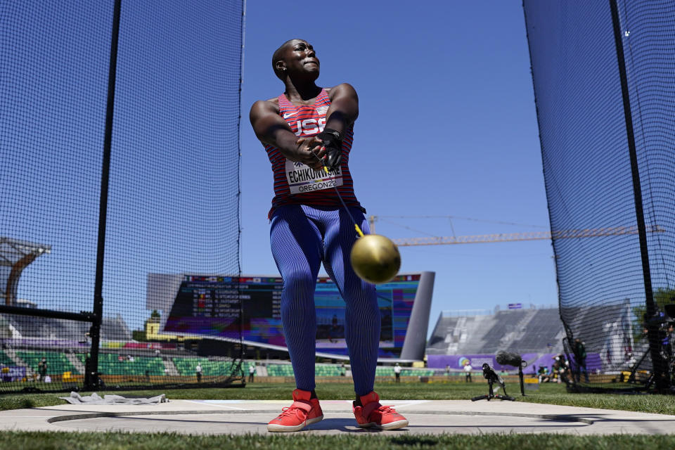 Annette Nneka Echikunwoke, of the United States, competes during qualifying for the women's hammer throw at the World Athletics Championships Friday, July 15, 2022, in Eugene, Ore. (AP Photo/David J. Phillip)