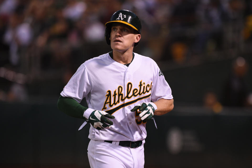 OAKLAND, CA - AUGUST 22: Oakland Athletics infielder Corban Joseph (56) during the Major League baseball game between the New York Yankees and the Oakland Athletics at the Oakland-Alameda County Coliseum (Photo by Cody Glenn/Icon Sportswire via Getty Images)