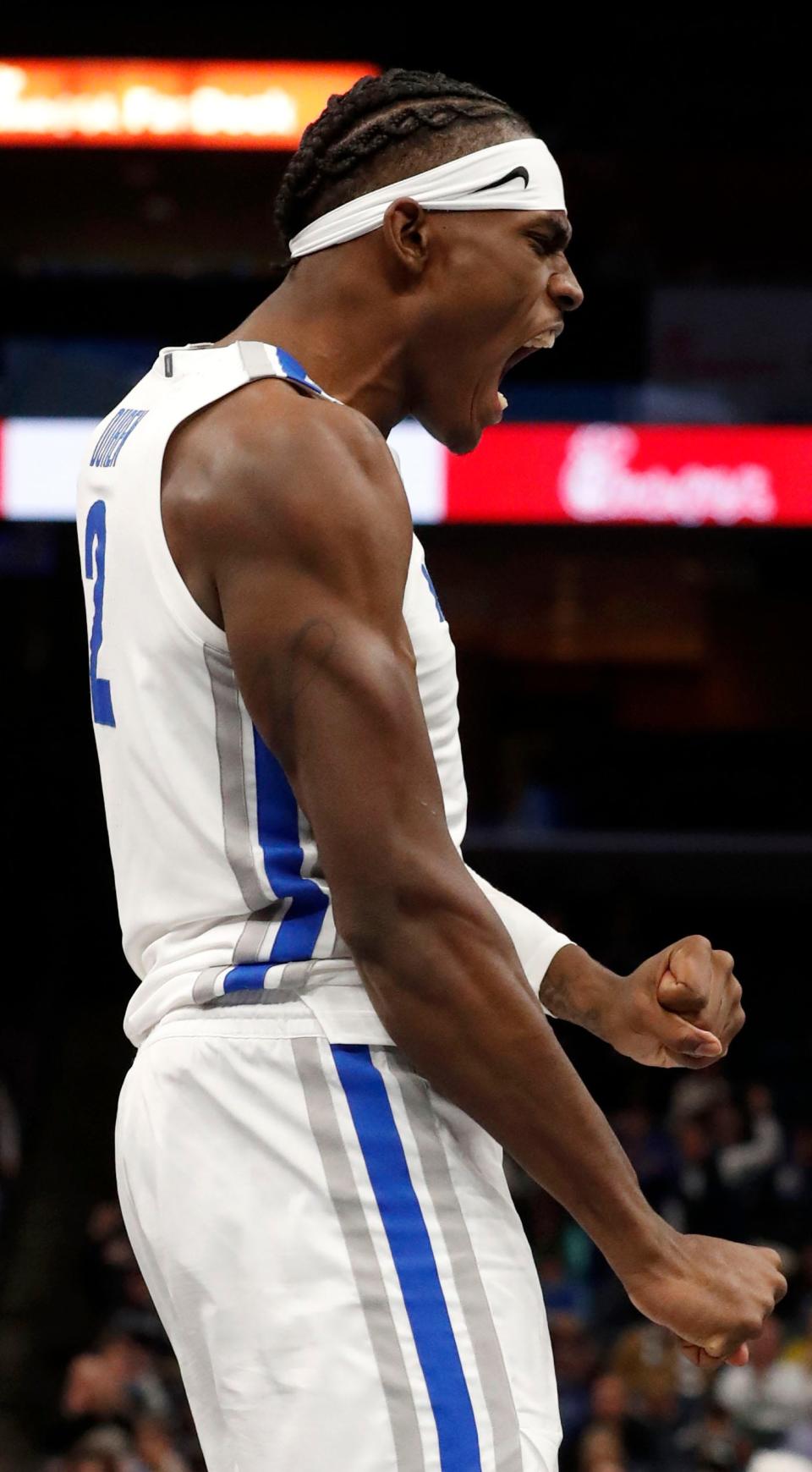 Memphis Tigers center Jalen Duren (2) reacts after scoring during the second half of a game Thursday, Jan. 20, 2022, at FedExForum. Southern Methodist defeated Memphis 70-62. 