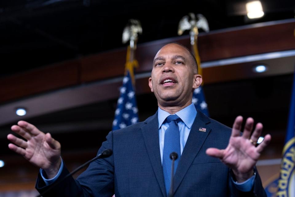 House Minority Leader Hakeem Jeffries, D-NY, speaks at his weekly news conference, at the Capitol in Washington, Friday, June 14, 2024 (AP)