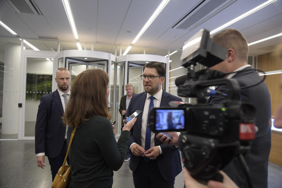 Sweden Democrats party leader Jimmie Åkesson is interviewed in Stockholm, Sweden, Sunday, Sept. 9, 2018. Returns reported by the Scandinavian country's election commission showed the Sweden Democrats placing third in the parliamentary election held Sunday. Addressing supporters after more than four-fifths of ballots were counted, Akesson said the victory was in the number of seats the party gained in the national assembly, the Riksdagen.(Anders Wiklund /TT via AP)