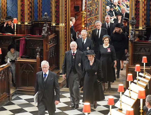 LONDON, ENGLAND - SEPTEMBER 19: (left to right, from front) Former prime ministers Sir John Major and his wife Lady Norma Major, Tony Blair and his wife Cherie Blair, Gordon Brown and his wife Sarah Brown, David Cameron and his wife Samanatha Cameron, arriving at the State Funeral of Queen Elizabeth II, held at Westminster Abbey, on September 19, 2022 in London, England.  Elizabeth Alexandra Mary Windsor was born in Bruton Street, Mayfair, London on 21 April 1926. She married Prince Philip in 1947 and ascended the throne of the United Kingdom and Commonwealth on 6 February 1952 after the death of her Father, King George VI. Queen Elizabeth II died at Balmoral Castle in Scotland on September 8, 2022, and is succeeded by her eldest son, King Charles III. (Photo by Dominic Lipinski - WPA Pool/Getty Images)