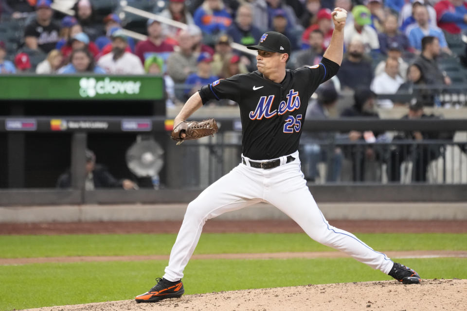 New York Mets pitcher Brooks Raley delivers against the Philadelphia Phillies during the eighth inning of the first game of a baseball doubleheader, Saturday, Sept. 30, 2023, in New York. (AP Photo/Mary Altaffer)