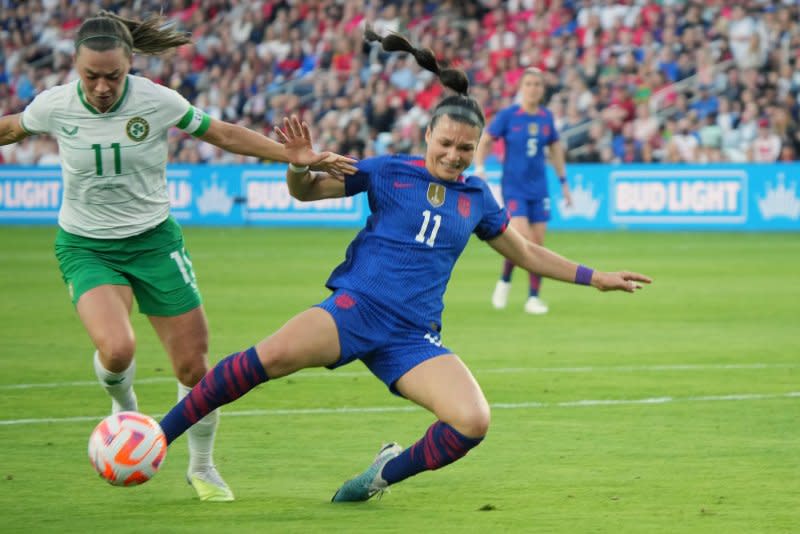 Forward Sophia Smith (R) is among the top players expected to play for the United States Women's National Team in the soccer tournament at the 2024 Summer Games. File Photo by Bill Greenblatt/UPI