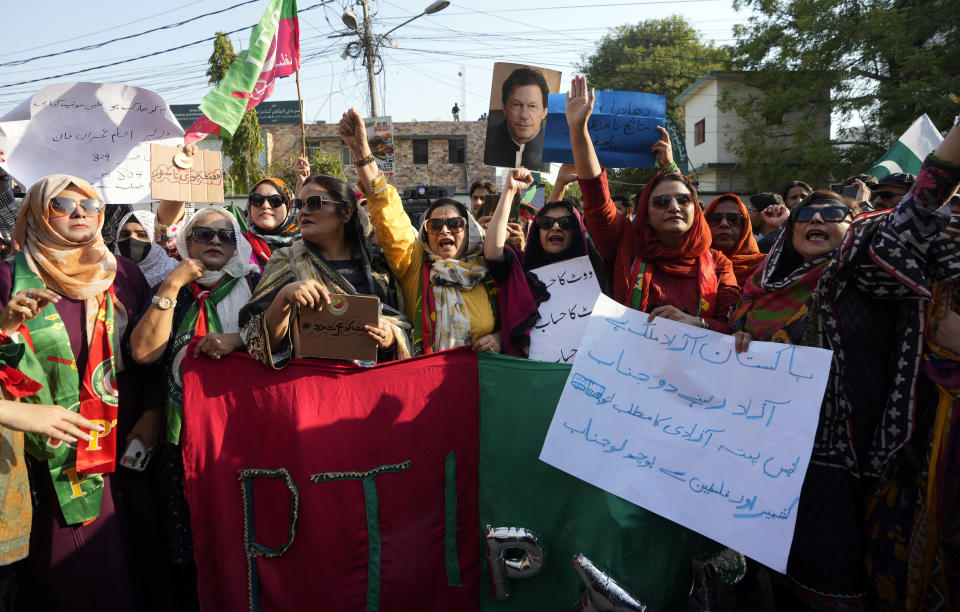 Supporters of imprisoned Pakistan's former Prime Minister Imran Khan's party chant slogans during a protest against the delaying result of parliamentary election by Pakistan Election Commission, in Karachi, Pakistan, Sunday, Feb. 11, 2024. (AP Photo/Fareed Khan)