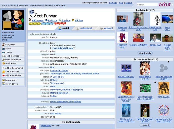 An Orkut Profile (Image: TechCrunch) 