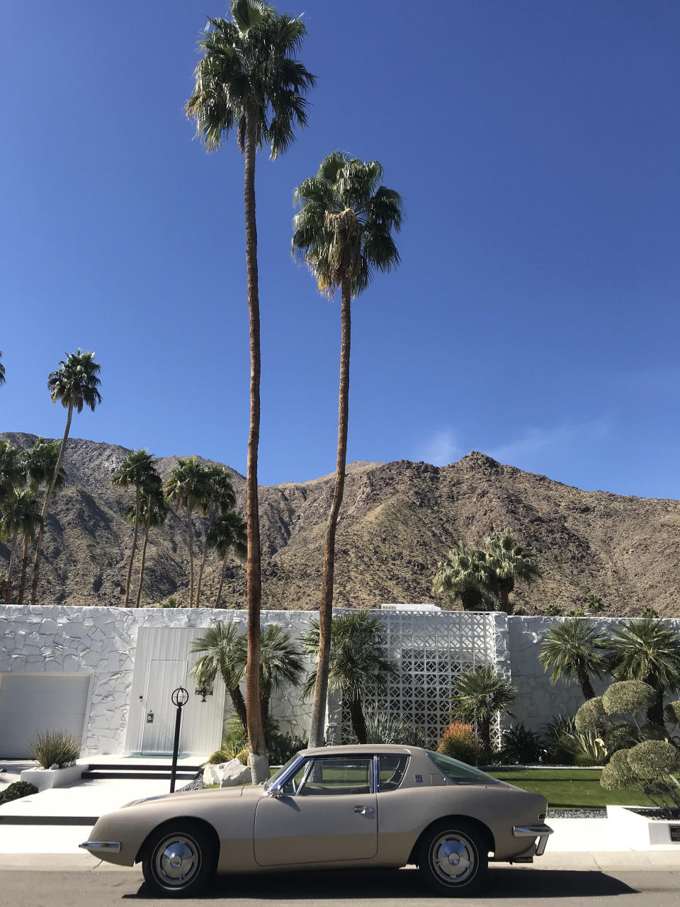 The Morse Home designed by architect Hal Levitt and featuring an Avanti Studebaker in Palm Springs, California on February 12, 2020.