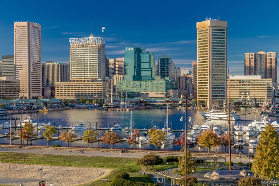<h1 class="title">Panoramic view of Baltimore Inner Harbor, Maryland, shot from Federal Park Hill</h1><cite class="credit">Photo: Getty Images</cite>