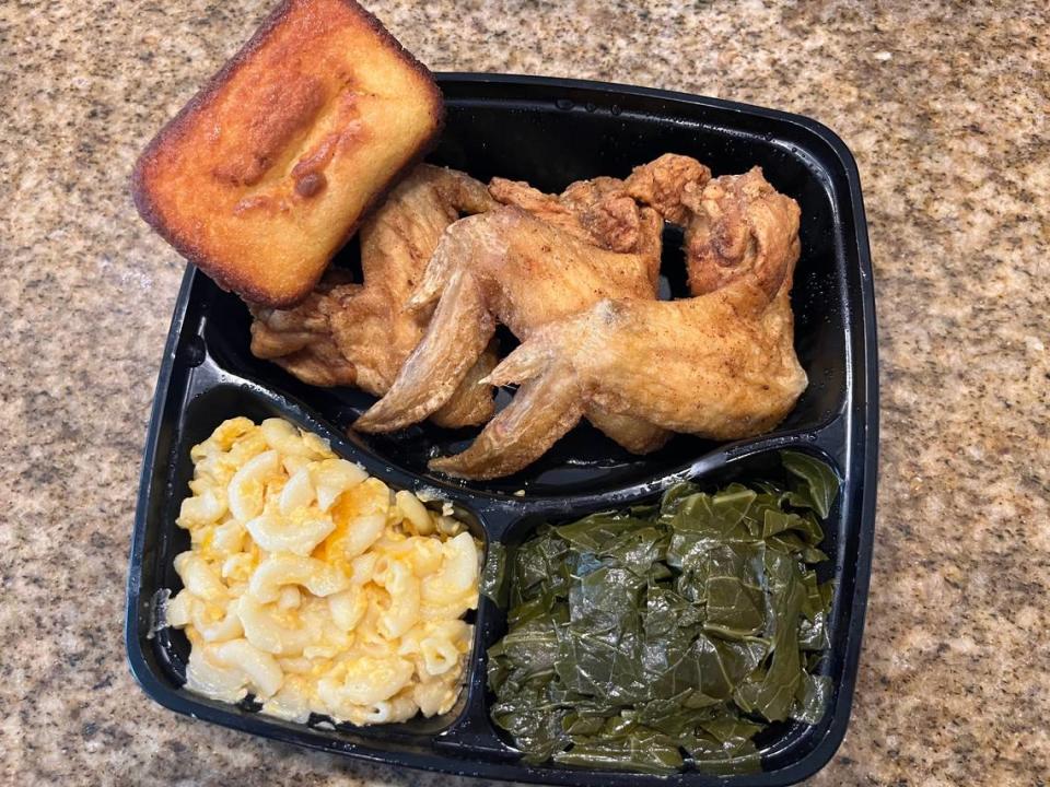 Chicken wings, mac and cheese, and collard greens with cornbread from Londa’s To-Go.