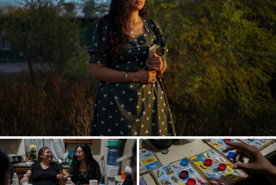 Top:  Claudia González left her 15-year-old son with his father in Houston while she lives in Mexico and tries to find a legal way to return to her family. Bottom left: González plays lotería with family after church in Tamaulipas. Bottom right: Bottle caps on lotería cards.