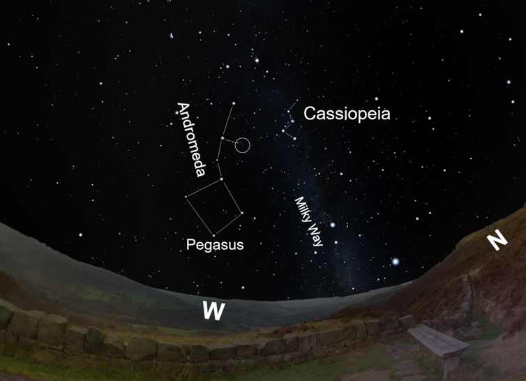 <span class="caption">Finding chart to locate the Andromeda Galaxy as seen from a dark sky discovery site, Surprise View, in the Peak District National Park, UK.</span> <span class="attribution"><span class="source">Daniel Brown/Stellarium</span>, <span class="license">Author provided</span></span>