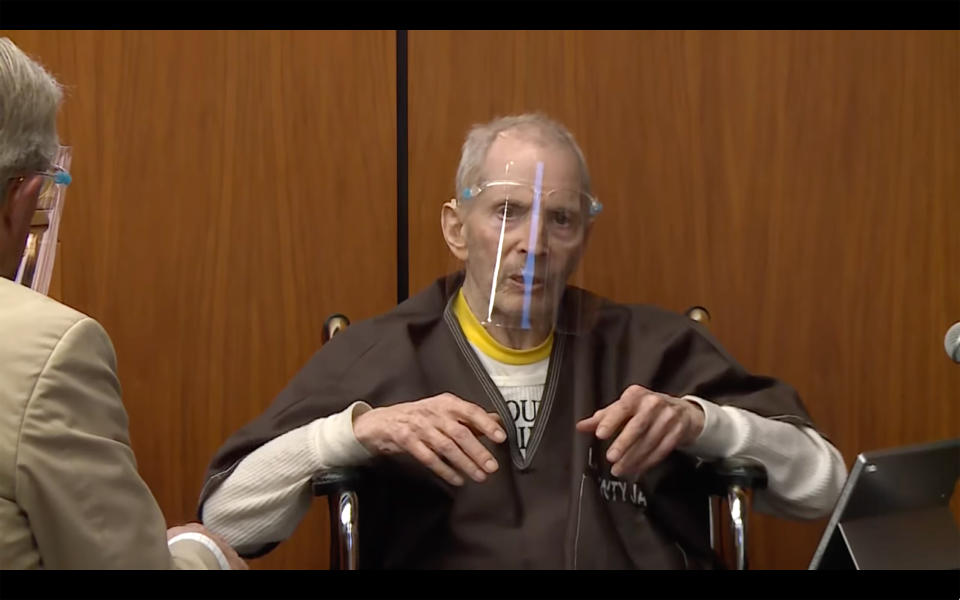 In this still image taken from the Law & Crime Network court video, real estate heir Robert Durst answers questions while taking the stand during his murder trial on Monday, Aug. 9, 2021, in Los Angeles County Superior Court in Inglewood, Calif. (Law & Crime Network via AP, Pool)